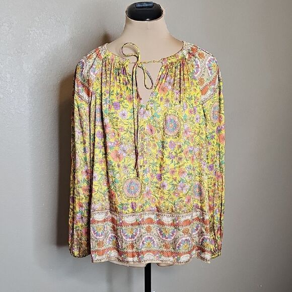 Current Air Yellow and Pink Floral Satin Long Sleeve Tie Front Peasant Blouse Sm - Picture 1 of 8
